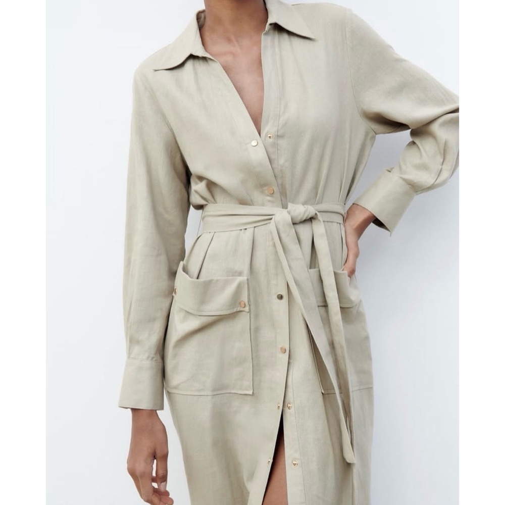 NWT Zara Linen Blend Long Sleeve Gold Buttondown Shirt  Khaki Tan Midi Dress M - Picture 8 of 14